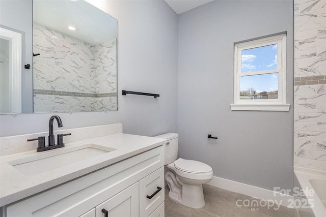 full bath with baseboards, toilet, tile patterned flooring, and vanity