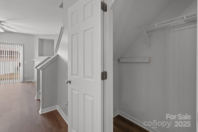 interior space featuring lofted ceiling and dark hardwood / wood-style flooring