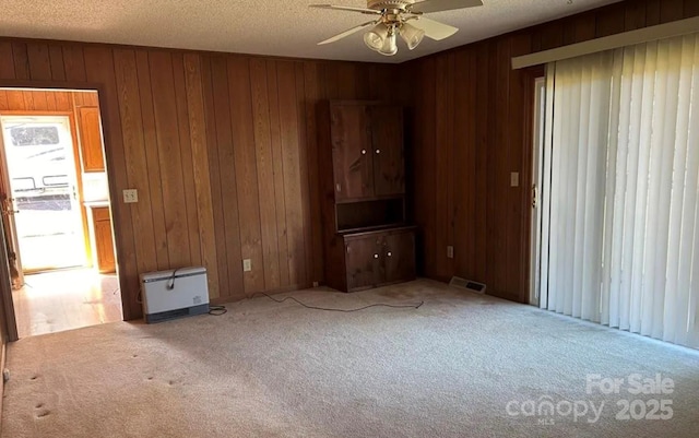 interior space featuring wooden walls, carpet flooring, and a textured ceiling