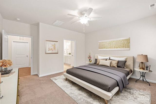 bedroom featuring light carpet, a ceiling fan, visible vents, and baseboards