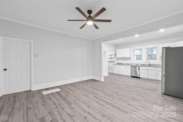 unfurnished living room with crown molding, sink, ceiling fan, and light hardwood / wood-style flooring