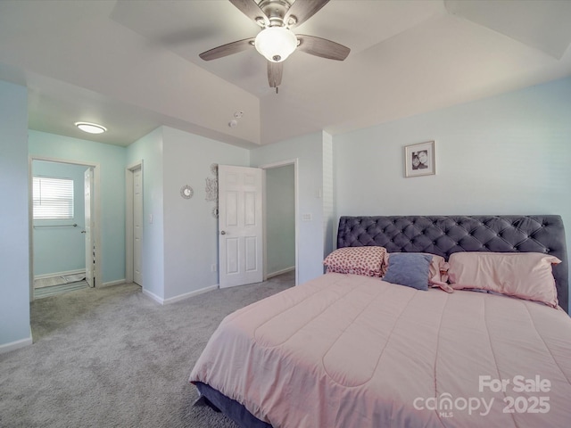 bedroom featuring light colored carpet and ceiling fan