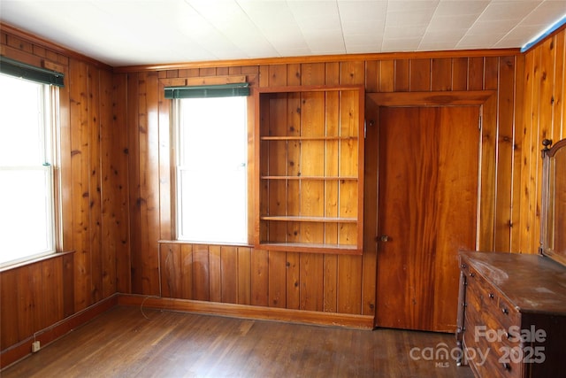 unfurnished room with plenty of natural light, wood finished floors, and wooden walls