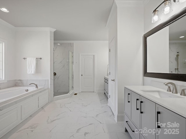 bathroom with marble finish floor, crown molding, a marble finish shower, and a bath