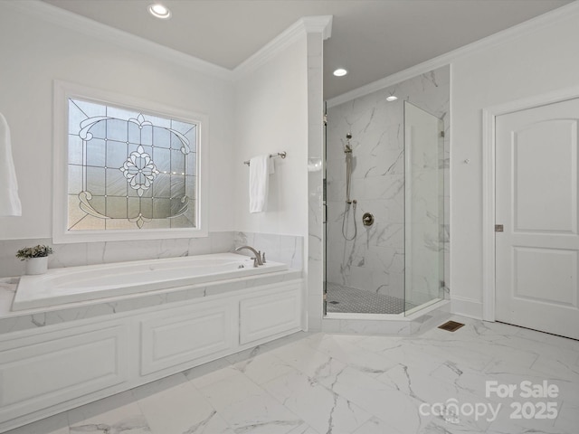 full bathroom featuring ornamental molding, marble finish floor, a garden tub, and a marble finish shower