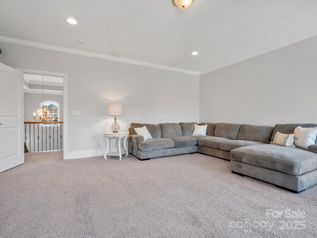 carpeted living area with a chandelier, recessed lighting, baseboards, and crown molding