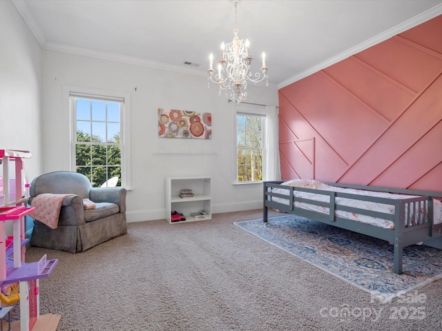 bedroom with carpet flooring, visible vents, baseboards, ornamental molding, and an inviting chandelier