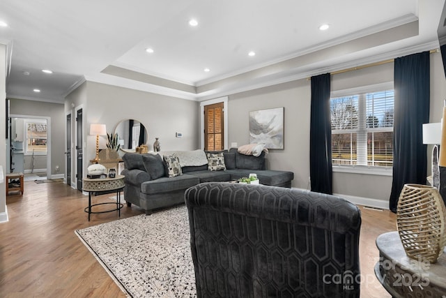 living room featuring crown molding, a raised ceiling, and light wood-type flooring