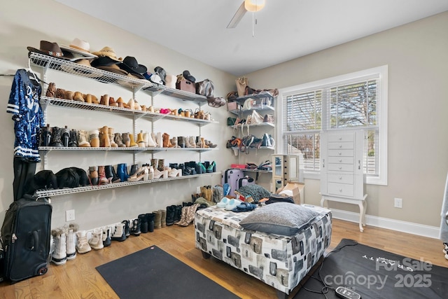 bedroom featuring ceiling fan and wood-type flooring