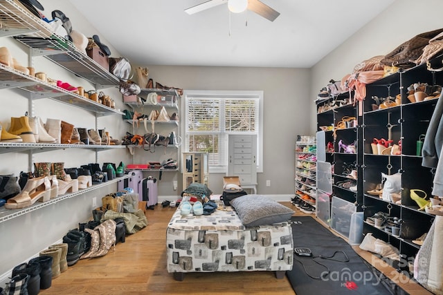 storage area featuring ceiling fan