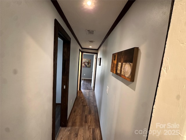 hall with crown molding and dark wood-type flooring