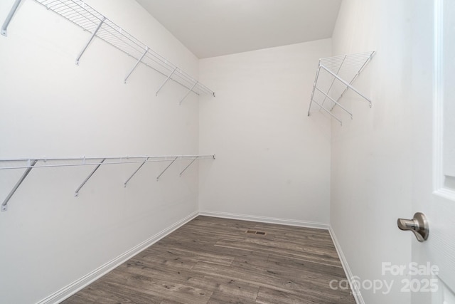 walk in closet with dark wood-type flooring