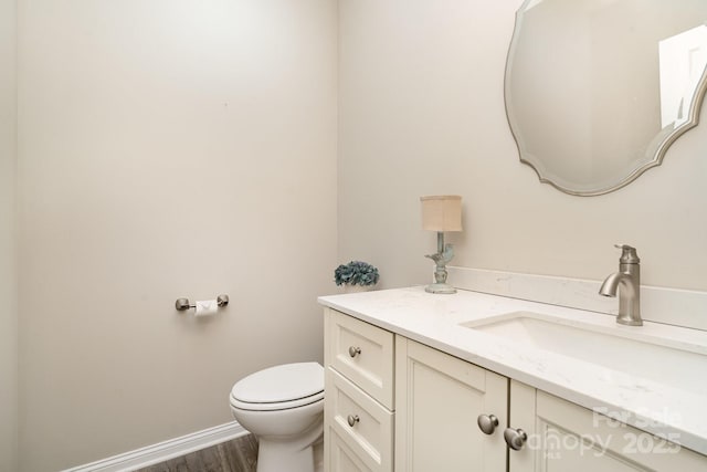 bathroom featuring vanity, wood-type flooring, and toilet