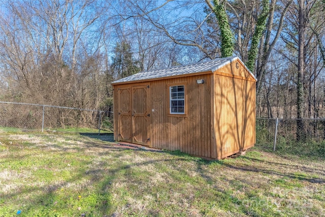 view of shed with a fenced backyard