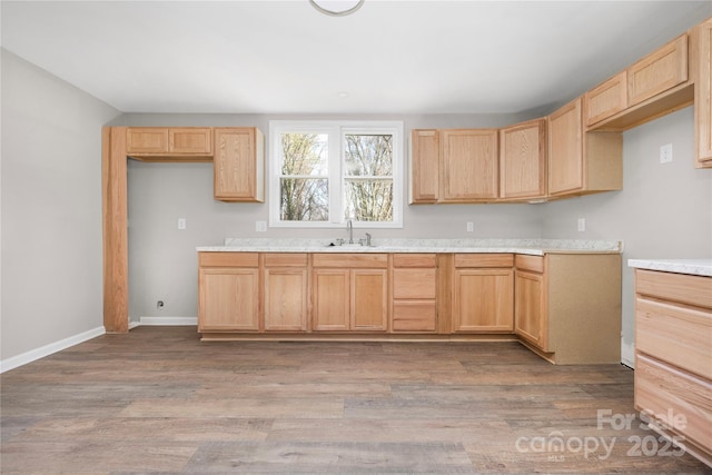 kitchen with light brown cabinetry, wood finished floors, a sink, and baseboards