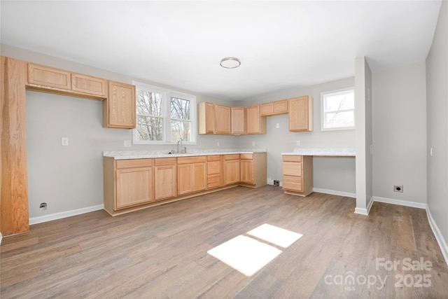 kitchen featuring light wood-style floors, light brown cabinets, a sink, and baseboards