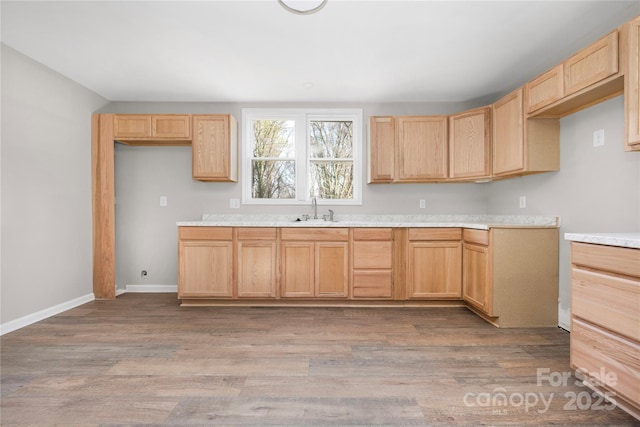 528 6th St, Chester, SC 29706 - kitchen with light brown cabinets, wood finished floors, baseboards, and a sink