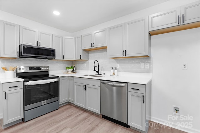 kitchen featuring appliances with stainless steel finishes, sink, light wood-type flooring, and decorative backsplash