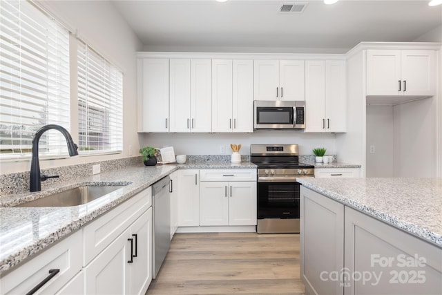 kitchen featuring visible vents, a sink, light wood-style floors, appliances with stainless steel finishes, and white cabinets