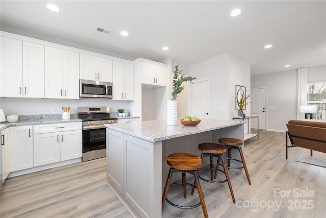 kitchen featuring recessed lighting, visible vents, appliances with stainless steel finishes, and white cabinetry