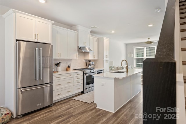 kitchen featuring white cabinetry, an island with sink, sink, premium appliances, and dark wood-type flooring