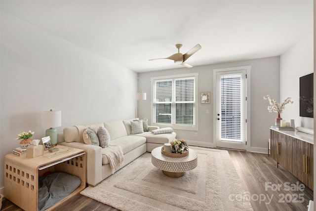 living room with wood-type flooring and ceiling fan