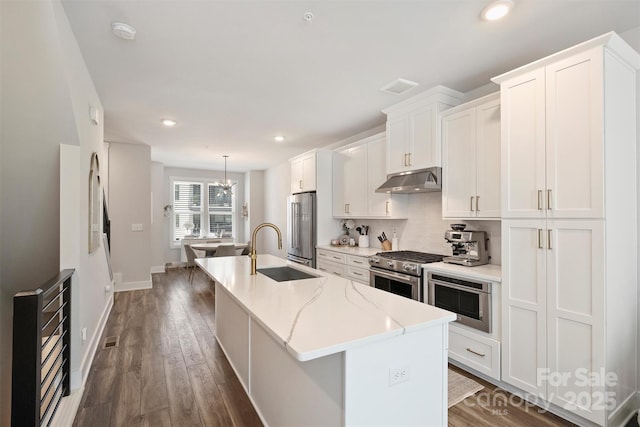 kitchen featuring a kitchen island with sink, sink, white cabinets, and high quality appliances