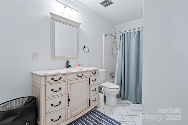 full bathroom featuring crown molding, vanity, shower / bath combination with curtain, tile patterned floors, and toilet