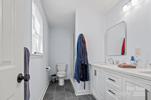 bathroom with tile patterned flooring, vanity, and toilet