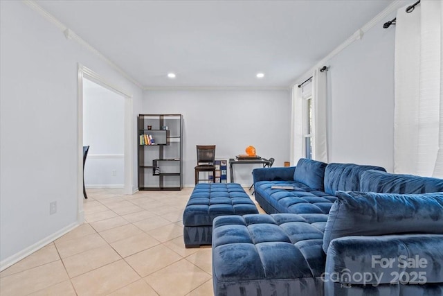 tiled living room with ornamental molding