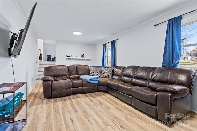 living room with crown molding, a wealth of natural light, and light hardwood / wood-style floors