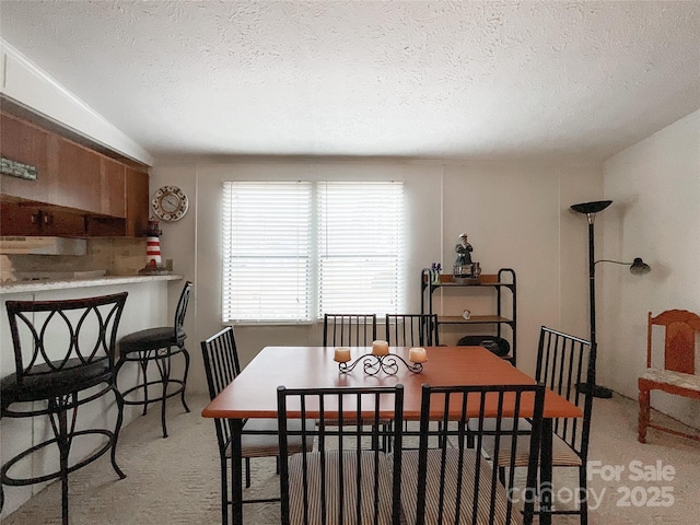 carpeted dining area featuring a textured ceiling