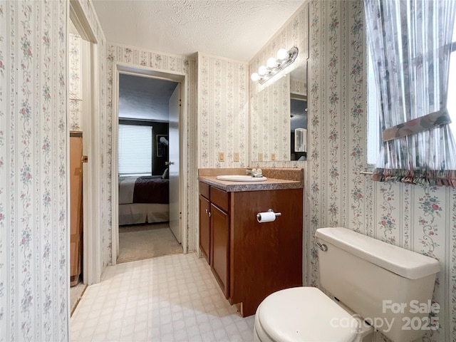 bathroom featuring vanity, a textured ceiling, and toilet