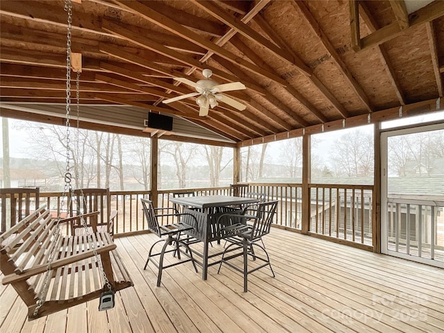 snow covered deck with ceiling fan