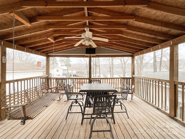 snow covered deck featuring ceiling fan