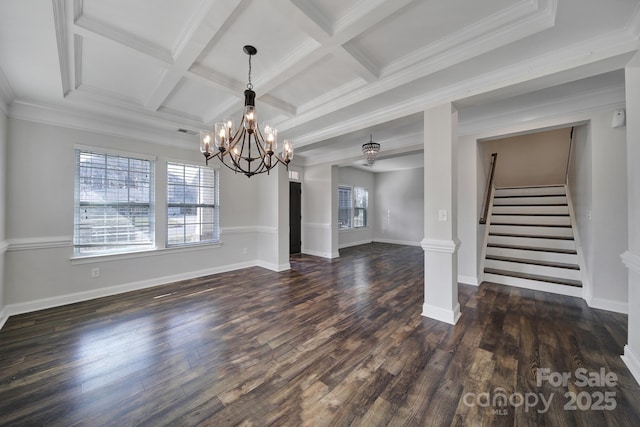 unfurnished dining area featuring coffered ceiling, crown molding, an inviting chandelier, dark hardwood / wood-style flooring, and beamed ceiling