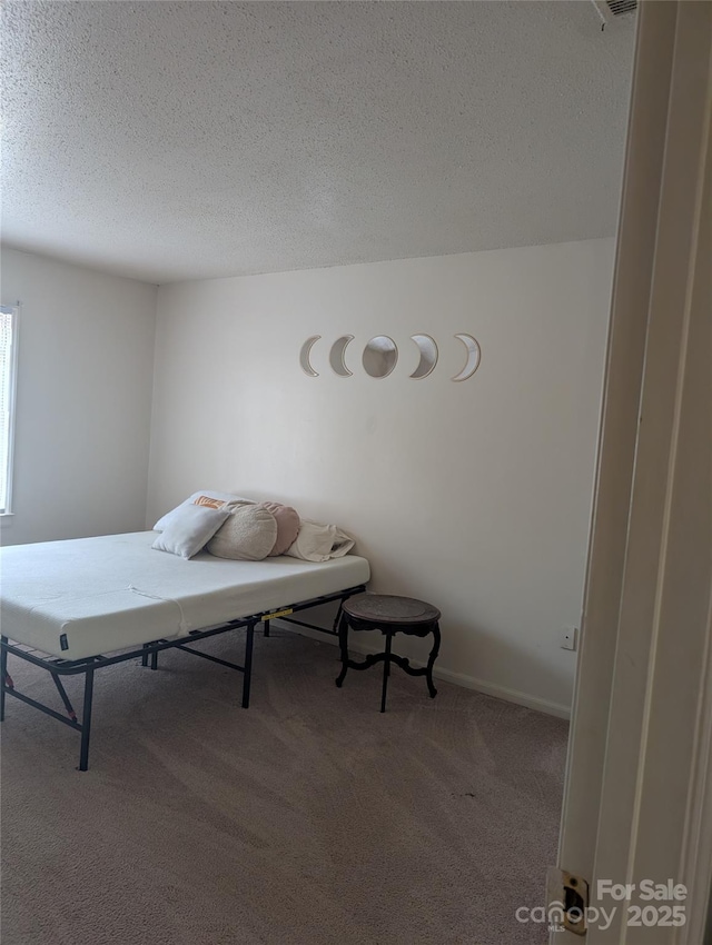 carpeted bedroom with a textured ceiling