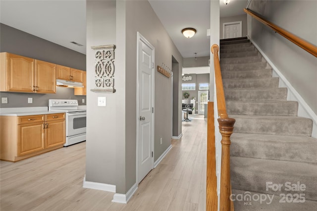 interior space featuring white range with electric cooktop, light brown cabinetry, and light wood-type flooring