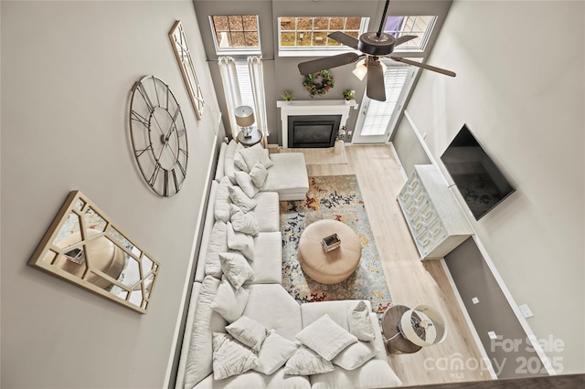 living room with ceiling fan and hardwood / wood-style floors