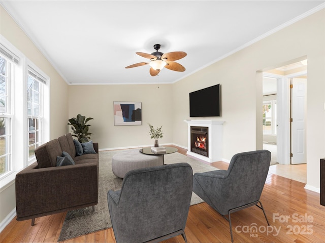 living room with ornamental molding, ceiling fan, and light hardwood / wood-style floors