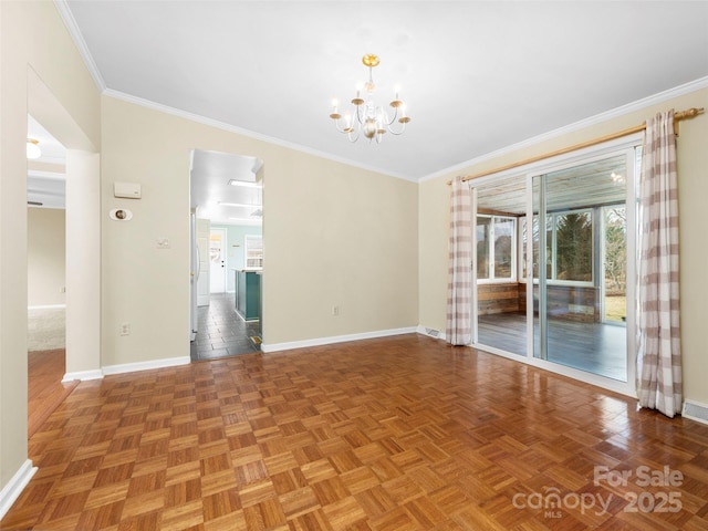 449 Riverwind Dr, Hendersonville, NC 28739 - spare room with baseboards, visible vents, crown molding, and an inviting chandelier