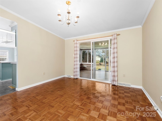 449 Riverwind Dr, Hendersonville, NC 28739 - unfurnished room featuring baseboards, a wealth of natural light, an inviting chandelier, and ornamental molding