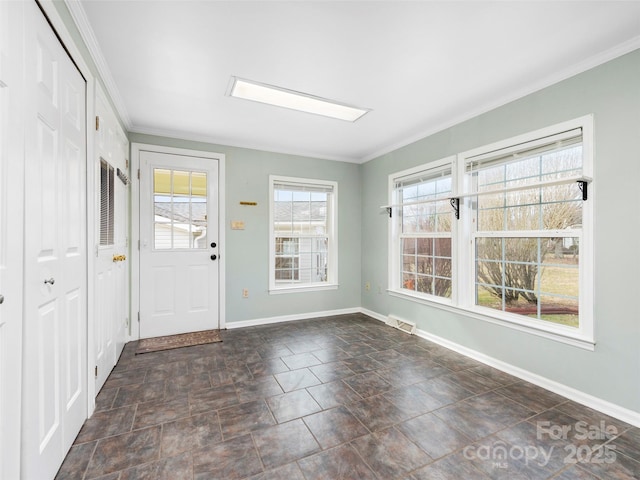 449 Riverwind Dr, Hendersonville, NC 28739 - entryway featuring baseboards, visible vents, stone finish flooring, and ornamental molding