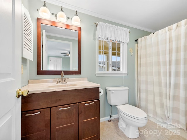449 Riverwind Dr, Hendersonville, NC 28739 - bathroom featuring tile patterned floors, toilet, vanity, a shower with curtain, and ornamental molding