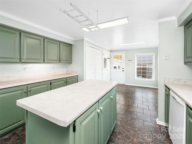 449 Riverwind Dr, Hendersonville, NC 28739 - kitchen with light countertops, crown molding, a kitchen island, green cabinetry, and white dishwasher