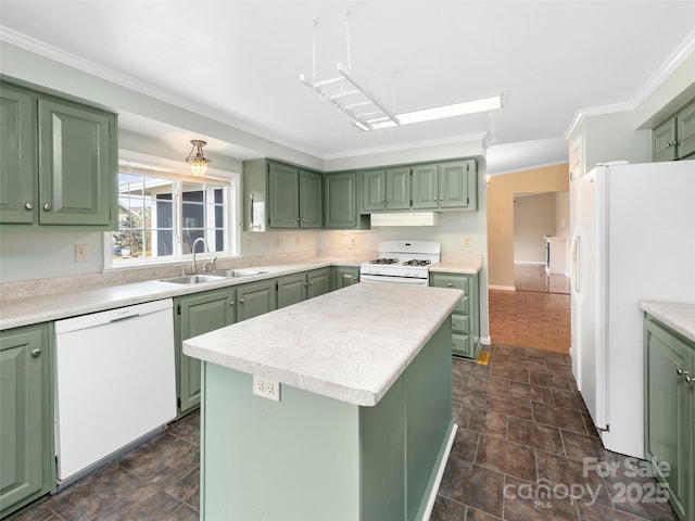 449 Riverwind Dr, Hendersonville, NC 28739 - kitchen with light countertops, a sink, green cabinetry, and white appliances