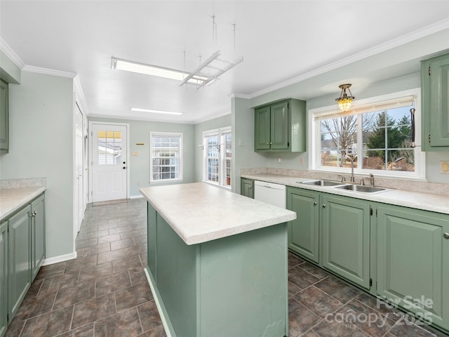449 Riverwind Dr, Hendersonville, NC 28739 - kitchen featuring green cabinets, light countertops, a sink, and a center island