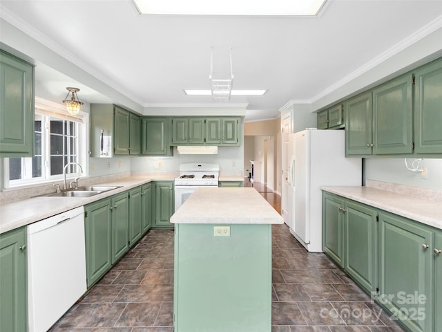 449 Riverwind Dr, Hendersonville, NC 28739 - kitchen featuring light countertops, a sink, a kitchen island, under cabinet range hood, and white appliances