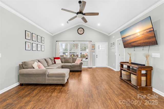 living room with ornamental molding, lofted ceiling, ceiling fan, and dark hardwood / wood-style flooring