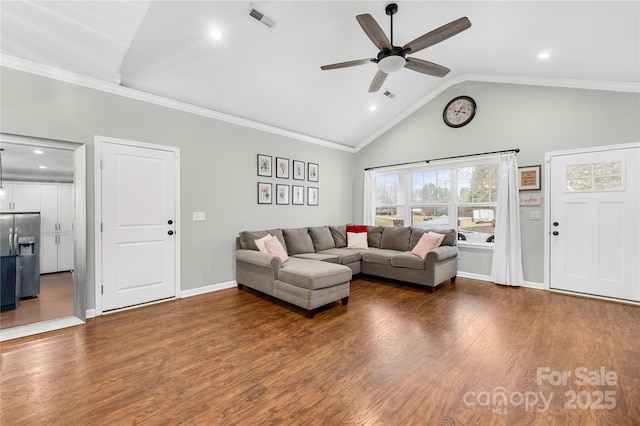 living room featuring crown molding, high vaulted ceiling, dark wood-type flooring, and ceiling fan